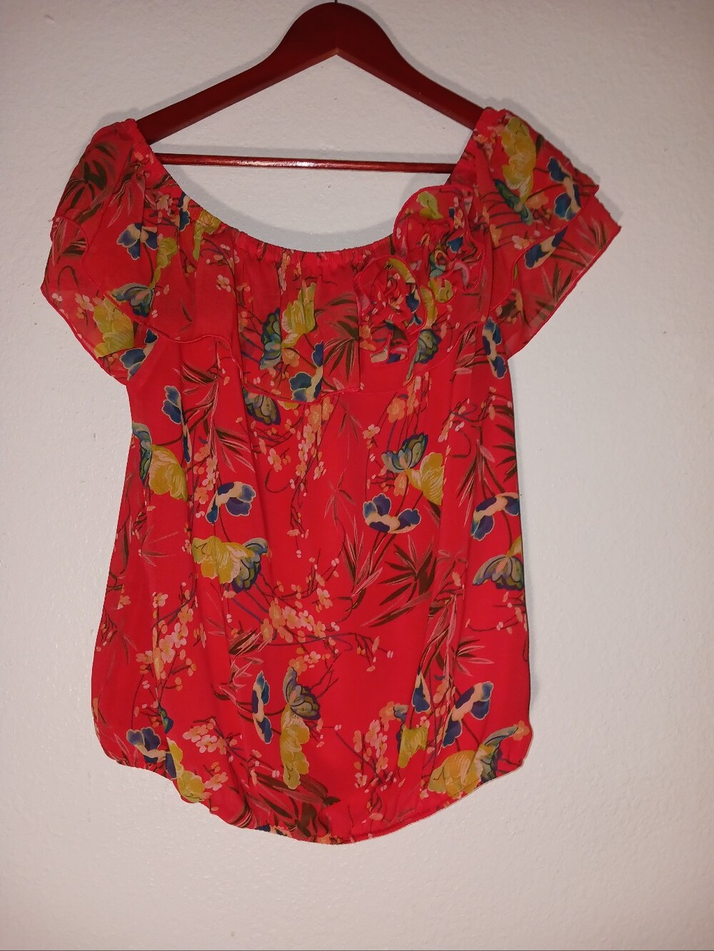 Coral Dark Color with a  Floral Print Off-Shoulder Women’s Top